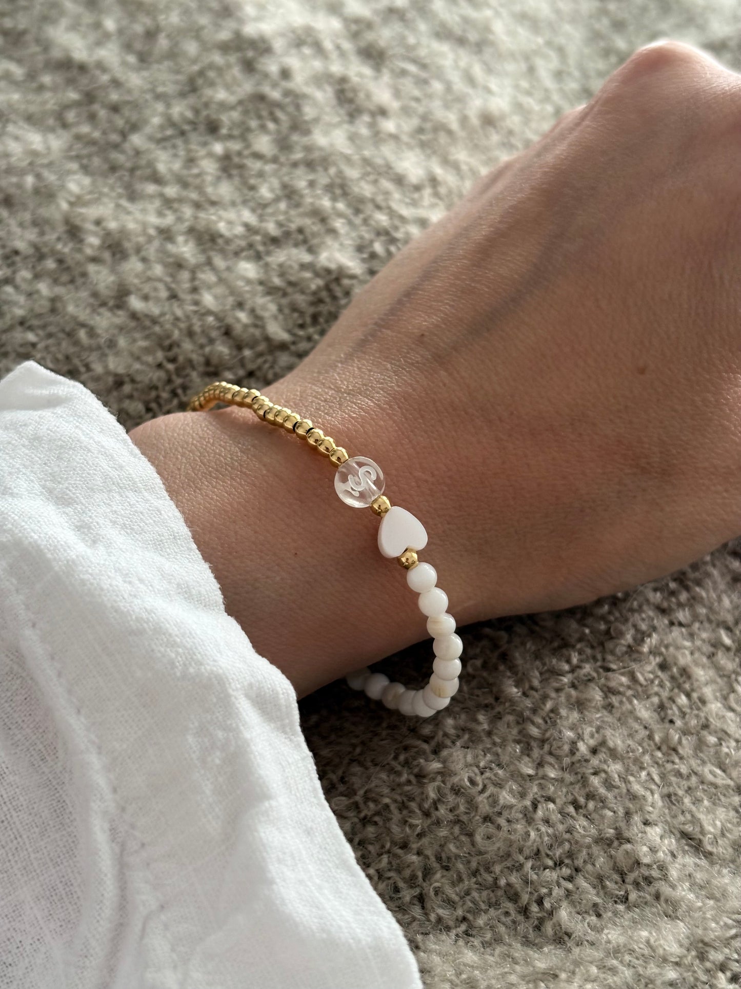 Pearl heart initial bracelet